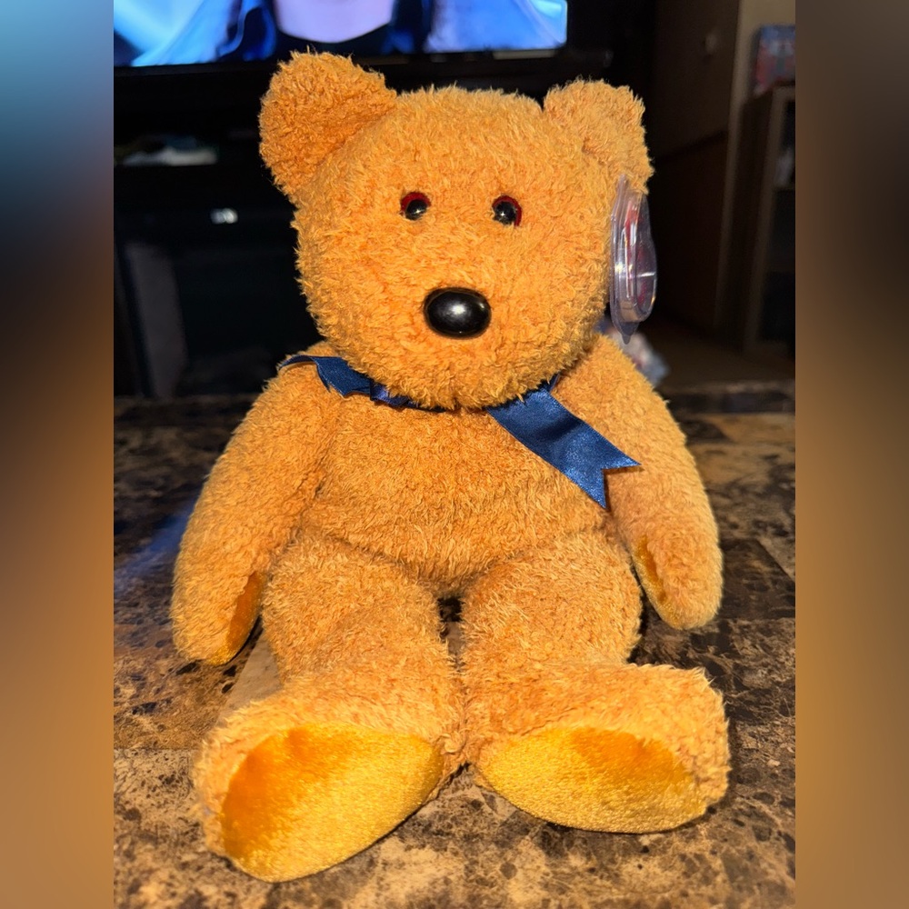 TY Beanie Buddy Fuzz Bear – Honey Brown Textured Plush W/ Blue Ribbon Large 14”